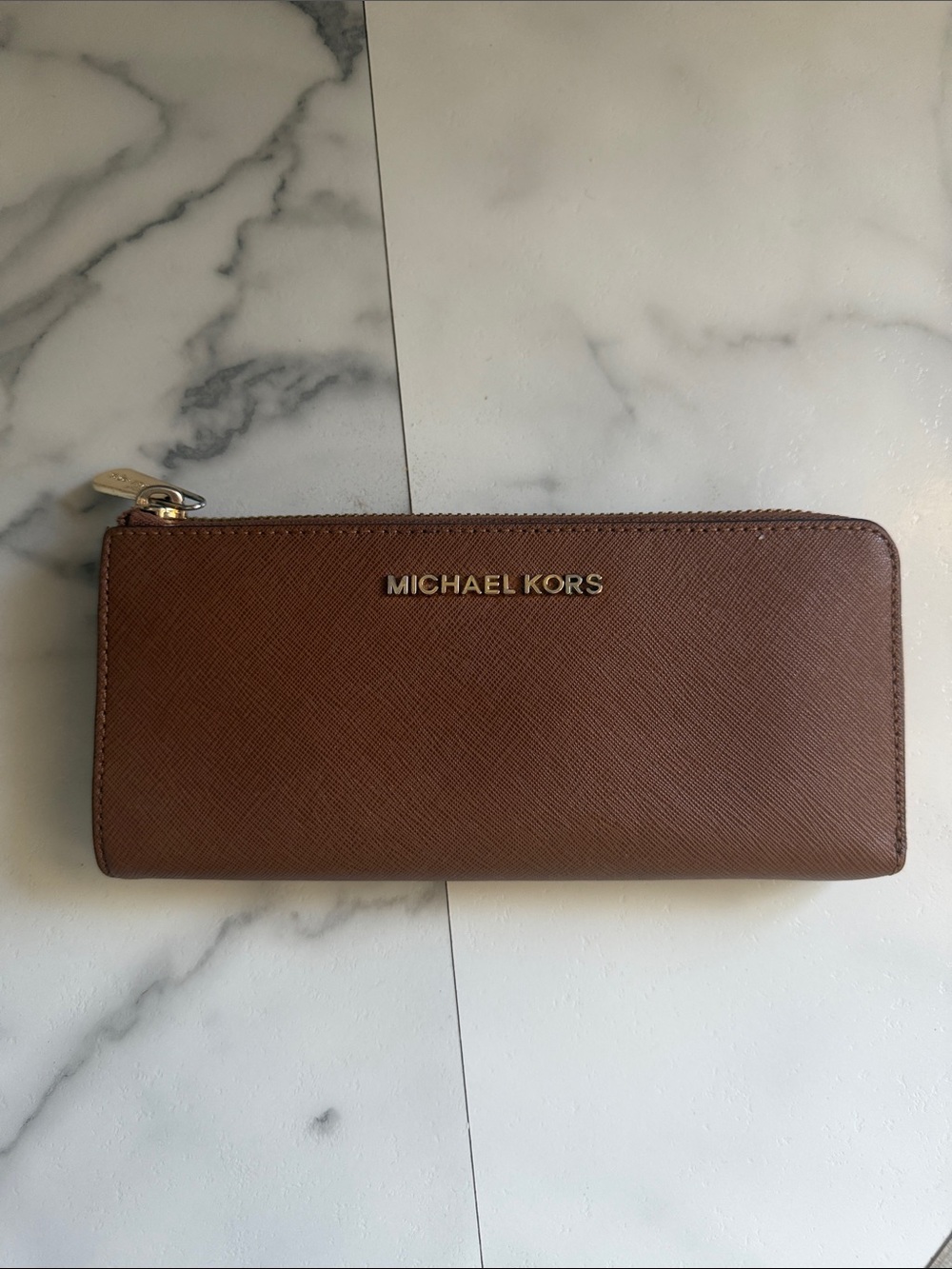 Michael Kors Brown Saffiano Zip Around Wallet with Gold Logo